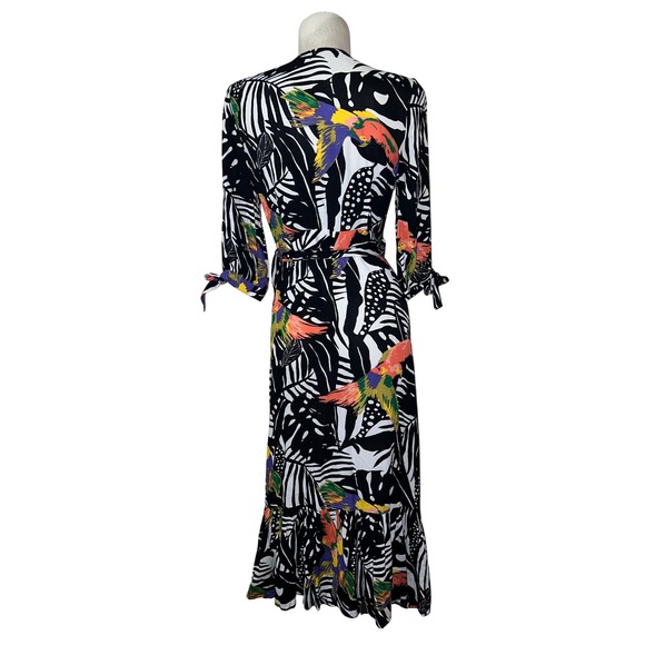 NY & Co. Women's Size S Tropical Bird Print Wrap Midi Dress Black White Small - Picture 4 of 7